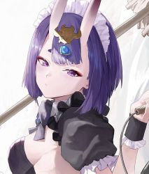 Rule 34 | 1girl, alternate costume, blush, bob cut, bow, bowtie, breasts, detached collar, enmaided, eyeliner, fate/grand order, fate (series), frills, head tilt, headpiece, horns, looking at viewer, maid, maid headdress, makeup, mop, oni, puffy short sleeves, puffy sleeves, purple eyes, purple hair, short eyebrows, short hair, short sleeves, shuten douji (fate), simple background, skin-covered horns, small breasts, solo, taino kou, upper body, white background, wrist cuffs