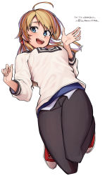 Rule 34 | 1girl, ahoge, bad id, bad pixiv id, black legwear, blonde hair, blue eyes, blue shirt, blush, breasts, commentary request, hachimiya meguru, hair ornament, hairclip, highres, idolmaster, idolmaster shiny colors, knee up, large breasts, long hair, long sleeves, looking at viewer, low twintails, open mouth, roivas, shirt, shoes, smile, sneakers, solo, sweater, translation request, twintails, white sweater