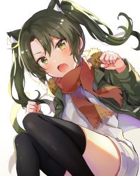Rule 34 | 1girl, anbutter siruko, animal ears, black thighhighs, blouse, blush, brown scarf, cat ears, cat girl, fang, feet out of frame, fur-trimmed jacket, fur trim, green eyes, green hair, green jacket, hair between eyes, highres, jacket, kantai collection, long hair, long sleeves, open mouth, scarf, shirt, skin fang, solo, thighhighs, twitter username, white shirt, zuikaku (kancolle)
