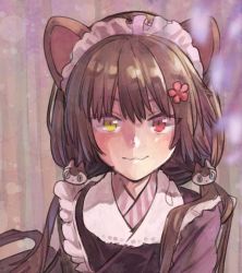 Rule 34 | 1girl, :3, animal ears, apron, black hair, blush, cat ears, cat hair ornament, flower, frilled apron, frills, hair flower, hair ornament, heterochromia, inui toko, japanese clothes, kimono, long hair, low twintails, maid, maid headdress, nijisanji, red eyes, simple background, solo, twintails, upper body, virtual youtuber, wa maid, white apron, yami (m31), yellow eyes