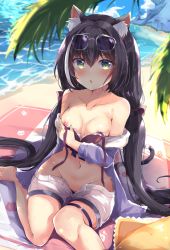 Rule 34 | 1girl, animal ear fluff, animal ears, bare shoulders, barefoot, bikini, bikini under clothes, black bikini, black hair, blush, breasts, cat ears, cat girl, cat tail, collarbone, commentary request, day, green eyes, grey-framed eyewear, groin, hair between eyes, highres, hinata yuu (atelierhinata), jacket, karyl (princess connect!), karyl (summer) (princess connect!), long hair, looking at viewer, low twintails, medium breasts, navel, nipples, ocean, off shoulder, open clothes, open fly, open shorts, outdoors, palm tree, parted lips, princess connect!, purple-tinted eyewear, purple jacket, short shorts, shorts, solo, sunglasses, swimsuit, tail, tinted eyewear, tree, twintails, unworn eyewear, very long hair, water, white shorts