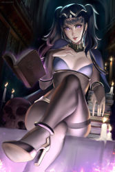 Rule 34 | 1girl, absurdres, black hair, blunt bangs, bodystocking, bodysuit, book, bracelet, breasts, bridal gauntlets, cape, circlet, cleavage, fire emblem, fire emblem awakening, fire emblem heroes, highres, jewelry, looking at viewer, magic, nintendo, purple eyes, ragecndy, skin tight, small breasts, smile, tharja (fire emblem), tiara, two side up