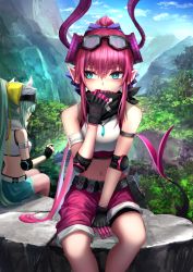Rule 34 | 2girls, blue eyes, blush, breasts, curled horns, dragon girl, dragon horns, dragon tail, elizabeth bathory (fate), elizabeth bathory (fate/extra ccc), fate/extra, fate/grand order, fate (series), green hair, highres, horns, kaze minoru so-ru, kiyohime (fate), long hair, medium breasts, multiple girls, multiple horns, pink hair, pointy ears, small breasts, tail, thighs