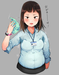 Rule 34 | 1girl, blue shirt, blush, bra visible through clothes, brown eyes, brown hair, buttons, character request, commentary request, copyright request, cropped arms, dot nose, grey background, highres, holding, holding cloth, kumaneko, lanyard, looking at viewer, medium hair, open mouth, shirt, simple background, steam, sweat, translation request, upper body, watch, wing collar, wristwatch