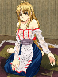Rule 34 | 1girl, arc the lad, arc the lad ii, bare shoulders, barefoot, blonde hair, braid, breasts, dress, feet, female focus, full body, hosi, indoors, lieza (arc the lad), long hair, see-through, single braid, sitting, solo, wet, yellow eyes