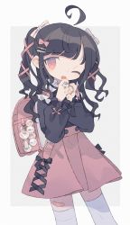 Rule 34 | 1girl, ;d, ahoge, backpack, badge, bag, bag charm, bandaid, bandaid on leg, black bow, black hair, black ribbon, black shirt, blouse, blunt bangs, bow, button badge, charm (object), contrapposto, cowboy shot, curled fingers, daizu (melon-lemon), film grain, floating hair, frilled sleeves, frills, from side, gradient eyes, grey background, hair bow, hair ornament, hair ribbon, hairclip, hands up, heart, high-waist skirt, highres, jewelry, long hair, long sleeves, looking at viewer, looking to the side, multicolored eyes, no nose, one eye closed, open mouth, original, own hands together, pink bag, pink bow, pink eyes, pink ribbon, pink skirt, puffy long sleeves, puffy sleeves, randoseru, ribbon, ring, shirt, simple background, skirt, smile, solo, standing, striped, striped bow, swept bangs, thighhighs, tress ribbon, two side up, wavy hair, white bow, white thighhighs, zettai ryouiki