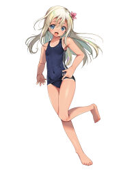 Rule 34 | 1girl, absurdres, black neckerchief, black one-piece swimsuit, blonde hair, blue eyes, blue sailor collar, breasts, covered navel, flower, full body, hair flower, hair ornament, highres, kantai collection, long hair, looking at viewer, neckerchief, old school swimsuit, one-piece swimsuit, one-piece tan, open mouth, ro-500 (kancolle), sailor collar, school swimsuit, small breasts, smile, solo, swimsuit, tan, tanline, yashin (yasinz)