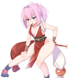 Rule 34 | 1girl, absurdres, black legwear, blue eyes, breasts, folded fan, commentary request, cosplay, crossover, fatal fury, folding fan, hand fan, highres, japanese clothes, kantai collection, kurokoshou (emuburemu123), name connection, pelvic curtain, pink hair, ponytail, revealing clothes, shiranui (kancolle), shiranui mai, shiranui mai (cosplay), short hair, sideboob, simple background, small breasts, solo, squatting, tabi, the king of fighters, white background