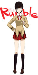 Rule 34 | 00s, 1girl, brown eyes, brown hair, copyright name, hand on own hip, loafers, looking at viewer, mizuki makoto, pointing, pointing at viewer, school rumble, school uniform, shoes, short hair, simple background, socks, solo, takano akira, white background