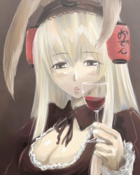 Rule 34 | 00s, 1girl, alcohol, animal ears, bow, breasts, rabbit ears, cleavage, daiginjou, doll, futaba channel, gothic lolita, grey eyes, large breasts, lolita fashion, long hair, mercury lampe, michael f91, rozen maiden, solo, suigintou, white hair, wine