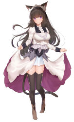 Rule 34 | 1girl, animal ears, argyle, argyle clothes, argyle legwear, black hair, black thighhighs, blush, boots, brown footwear, cat ears, cat tail, closed mouth, curtsey, dress, full body, high heel boots, high heels, highres, long hair, long sleeves, looking at viewer, original, purple eyes, simple background, smile, solo, tail, thighhighs, thighs, white background, white dress, yaman