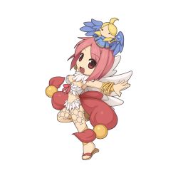 1girl :d back_bow bangle bikini bow bracelet bracer breasts brown_eyes brown_footwear chibi chibi_only cleavage doll_on_head feather_trim feathered_wings full_body jewelry large_bow looking_at_viewer medium_breasts odorico official_art open_mouth pink_hair ragnarok_online red_bow sandals short_hair simple_background smile solo standing standing_on_one_leg swimsuit transparent_background wanderer_(ragnarok_online) white_bikini white_wings wings yuichirou