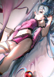Rule 34 | 1girl, absurdres, apple, bare arms, bare shoulders, bed sheet, blue eyes, blue hair, breasts, camisole, dutch angle, earrings, food, fruit, hatsune miku, highres, jewelry, lace-trimmed camisole, lace trim, long hair, lying, medium breasts, navel, on back, on bed, panties, parted lips, pillow, pink panties, polka dot, polka dot panties, romeo to cinderella (vocaloid), rumoon, solo, thigh strap, underwear, very long hair, vocaloid