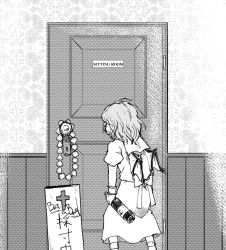 Rule 34 | boots, bottle, bow, commentary, commentary request, door, doorknob, frills, from behind, garlic, greyscale, koyubi (littlefinger1988), long skirt, monochrome, monochrome, pointy ears, remilia scarlet, short hair, sign, skirt, touhou, wings