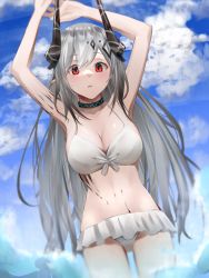 Rule 34 | 1girl, absurdres, arknights, armpits, arms up, bikini, bikini skirt, blush, breasts, cleavage, collar, collarbone, cowboy shot, day, grey hair, hair ornament, heimu (heim kstr), highres, horns, infection monitor (arknights), large breasts, long hair, looking at viewer, material growth, mudrock (arknights), navel, open mouth, oripathy lesion (arknights), outdoors, pointy ears, red eyes, solo, stomach, swimsuit, very long hair, white bikini