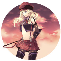 Rule 34 | 10s, 1girl, alisa ilinichina amiella, arms behind back, black pantyhose, blonde hair, blue eyes, boots, cabbie hat, elbow gloves, gloves, god eater, god eater burst, hat, midriff, navel, no bra, pantyhose, skirt, solo, suspender skirt, suspenders, tatsuji, thigh boots, thighhighs