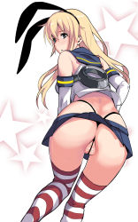 Rule 34 | 10s, 1girl, ass, bad id, bad pixiv id, black panties, blonde hair, blue skirt, elbow gloves, from behind, g-string, gloves, grey eyes, hairband, highres, kantai collection, long hair, looking back, panties, partially visible vulva, pussy, saruanu, shimakaze (kancolle), skirt, solo, star (symbol), striped clothes, striped thighhighs, thighhighs, thong, underwear
