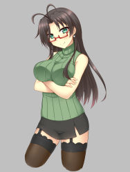 Rule 34 | 10s, 1girl, ahoge, antenna hair, black skirt, breasts, brown hair, contrapposto, cropped legs, crossed arms, earrings, garter straps, glasses, green eyes, grey background, hasegawa chisato, head tilt, highres, jewelry, large breasts, miniskirt, mole, mole under eye, nagamon (nagamonian), pale skin, ribbed sweater, shinmai maou no testament, simple background, skirt, sleeveless, sleeveless turtleneck, smile, solo, standing, sweater, thighhighs, turtleneck, zettai ryouiki