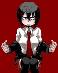 1girl ayame_hashinimasen bags_under_eyes black_hair breasts female_focus hair_ornament hairclip looking_away necktie off_shoulder original red_background red_eyes red_necktie red_skirt sharp_teeth shirt short_hair simple_background sitting skirt solo teeth white_shirt