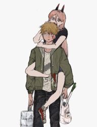 Rule 34 | 1boy, 1girl, arm around neck, bag, biting, black shirt, bleeding from forehead, blonde hair, blood, blood on face, carrying, chainsaw man, cross-shaped pupils, denji (chainsaw man), fang, food, green hoodie, grocery bag, hair between eyes, highres, holding, holding bag, hood, hoodie, long hair, looking at another, looking to the side, piggyback, pink hair, power (chainsaw man), shinamoku00, shirt, shopping bag, short hair, simple background, symbol-shaped pupils, vegetable, white background, white shirt