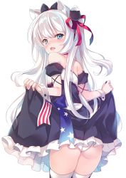 Rule 34 | 1girl, american flag, american flag print, animal ears, ass, azur lane, bare shoulders, black bow, black dress, blue eyes, blush, bow, breasts, cat ears, cat hair ornament, choker, clothes lift, cowboy shot, detached sleeves, dress, embarrassed, flag print, from behind, hair between eyes, hair bow, hair ornament, hair ribbon, hammann (azur lane), highres, legs together, long hair, looking at viewer, looking back, mayusaki yuu, one side up, open mouth, panties, print ribbon, puffy short sleeves, puffy sleeves, red choker, red ribbon, remodel (azur lane), ribbon, short sleeves, silver hair, simple background, skindentation, skirt, skirt lift, small breasts, solo, standing, star (symbol), strapless, strapless dress, thighhighs, underwear, v-shaped eyebrows, white background, white panties, white thighhighs, wrist cuffs