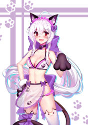 Rule 34 | 1girl, ahoge, animal ears, animal hands, blush, bow, breasts, cat ears, cat paws, cat tail, choker, cleavage, fang, hair bow, highres, long hair, looking at viewer, medium breasts, navel, open mouth, ponytail, red eyes, silver hair, smile, solo, swimsuit, tail, thighhighs, very long hair, vocaloid, wu yao jun, yowane haku