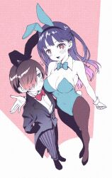 Rule 34 | 1boy, 1girl, animal ears, bare arms, bare shoulders, black footwear, black hair, black pants, black suit, blue bow, blue bowtie, blue eyes, blue leotard, blush, boku no kokoro no yabai yatsu, bow, bowtie, breasts, brown eyes, brown pantyhose, cleavage, closed mouth, collar, covered navel, detached collar, fake animal ears, fake tail, formal, full body, haika (edathaika), hair over one eye, heart, heart-shaped pupils, highres, ichikawa kyoutarou, large breasts, leotard, long hair, looking at another, looking at viewer, open mouth, pants, pantyhose, playboy bunny, rabbit ears, rabbit tail, red bow, red bowtie, shoes, short hair, standing, strapless, strapless leotard, striped clothes, striped pants, suit, symbol-shaped pupils, tail, traditional bowtie, tuxedo, vertical-striped clothes, vertical-striped pants, white collar, white wrist cuffs, wrist cuffs, yamada anna