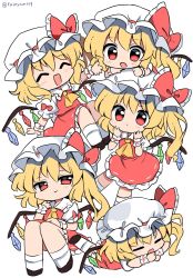 Rule 34 | 1girl, :d, :o, :|, ^ ^, ascot, black legwear, blonde hair, bow, closed eyes, closed mouth, commentary, crystal, d:, flandre scarlet, frilled bow, frills, hat, highres, looking at viewer, medium hair, mob cap, multiple views, open mouth, ramudia (lamyun), red bow, red eyes, red skirt, red vest, shirt, short sleeves, skirt, skirt set, smile, socks, touhou, vest, white headwear, white legwear, white shirt, wings, wrist cuffs, yellow ascot