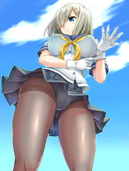 Rule 34 | 10s, 1girl, adjusting clothes, adjusting gloves, ass, black pantyhose, blue eyes, blue panties, blue skirt, blush, breasts, closed mouth, cloud, day, from below, gloves, gusset, hair ornament, hair over one eye, hairclip, hamakaze (kancolle), highres, kantai collection, large breasts, neckerchief, panties, panties under pantyhose, pantyhose, pantyshot, pleated skirt, school uniform, see-through, serafuku, short hair, short sleeves, silver hair, skirt, sky, solo, standing, underbust, underwear, urase shioji, white gloves, yellow neckerchief