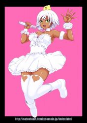 Rule 34 | 1girl, :d, bare shoulders, boots, breasts, dark-skinned female, dark skin, green eyes, looking at viewer, microphone, open mouth, original, smile, solo, thighhighs, white hair, white thighhighs, yamada satoshi