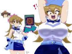 Rule 34 | 1girl, arms up, blonde hair, breast expansion, breasts, fingerless gloves, fruithead, gloves, huge breasts, large breasts, megamorph, open mouth, skirt, sleeveless, smile, smug, tenjouin asuka, yu-gi-oh!, yu-gi-oh! gx