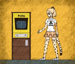 Rule 34 | 10s, 1girl, animal ears, arcade cabinet, arm at side, atari, black eyes, blonde hair, brand name imitation, closed mouth, clothes writing, commentary request, crack, egyptian art, from side, full body, highres, jaguar (kemono friends), jaguar ears, jaguar print, jaguar tail, kemono friends, kita (7kita), legs apart, pleated skirt, pong, profile, pun, retro artstyle, shirt, short hair, short sleeves, skirt, solo, standing, tail, thighhighs, towel, towel around neck, white footwear, white shirt, yellow background, zettai ryouiki