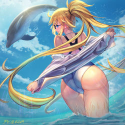 Rule 34 | 1girl, ass, back, bare shoulders, blonde hair, blue eyes, blue sky, blush, closed mouth, competition swimsuit, dated, day, dolphin, fate/grand order, fate (series), glasses, jacket, jeanne d&#039;arc (fate), jeanne d&#039;arc (ruler) (fate), jeanne d&#039;arc (swimsuit archer) (fate), jeanne d&#039;arc (swimsuit archer) (second ascension) (fate), long hair, long sleeves, looking at viewer, looking back, ocean, off shoulder, one-piece swimsuit, open clothes, open jacket, ponytail, sakumichi, sky, smile, sunlight, swimsuit, thighs, very long hair, wading, white jacket, white one-piece swimsuit