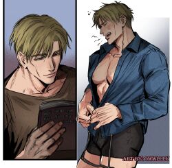 Rule 34 | 1boy, black male underwear, blonde hair, blue shirt, book, boxer briefs, brown eyes, brown shirt, collarbone, english text, highres, holding, holding book, jujutsu kaisen, large pectorals, lips, male focus, male underwear, muscular, muscular male, nanami kento, open book, open clothes, open mouth, open shirt, owwllly, pectorals, shirt, shirt garters, short hair, solo, standing, teeth, underwear, upper teeth only