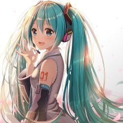 Rule 34 | 1girl, :d, aqua hair, aqua nails, aqua necktie, armpit crease, backlighting, bare shoulders, blue eyes, blush, breasts, collared shirt, commentary request, detached sleeves, from side, grey shirt, hair between eyes, hair ornament, hand up, hatsune miku, headphones, holding, light particles, long hair, long sleeves, looking at viewer, looking to the side, microphone, multicolored nails, nail polish, necktie, open mouth, shirt, sidelocks, small breasts, smile, solo, teeth, twintails, upper body, very long hair, vocaloid, white nails, yuuka nonoko