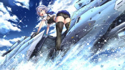 Rule 34 | 1girl, absurdres, ass, black thighhighs, blue eyes, braid, breasts, day, fish.boy, grey hair, hat, highres, jet ski, looking at viewer, medium breasts, multicolored hair, open mouth, original, outdoors, pleated skirt, short hair, shorts, shorts under skirt, skirt, solo, streaked hair, thighhighs, twin braids, water
