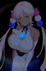Rule 34 | 1girl, absurdres, bare shoulders, between breasts, blue bow, blue skirt, bow, bow skirt, breasts, closed mouth, dark-skinned female, dark skin, elbow gloves, giant, giantess, gloves, glowing, grey hair, hair bobbles, hair ornament, halterneck, hand on own chest, highres, hololive, hololive english, huge breasts, long hair, looking at viewer, miniskirt, overskirt, planet hair ornament, sideboob, sidelocks, skin tight, skirt, smile, solo, sseli, starry sky print, tsukumo sana, tsukumo sana (1st costume), twintails, underbust, very long hair, virtual youtuber, white gloves, white skirt, yellow eyes