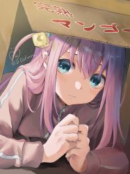 Rule 34 | 1girl, blue eyes, bocchi the rock!, box, cardboard box, cube hair ornament, gotoh hitori, hair between eyes, hair ornament, heart, highres, in box, in container, light blush, long sleeves, looking at viewer, lying, on stomach, parted lips, pink hair, pink sweater, solo, sweater, upper body, yuyuharu 1027