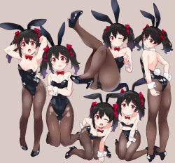 Rule 34 | 1girl, animal ears, arms behind head, arms under breasts, ass, back, bare shoulders, black footwear, black hair, black leotard, black pantyhose, bow, bowtie, breasts, detached collar, fake animal ears, fake tail, fishnet pantyhose, fishnets, hair bow, high heels, highres, kurokawa makoto, leotard, long hair, looking at viewer, love live!, love live! school idol project, multiple views, one eye closed, open mouth, pantyhose, playboy bunny, rabbit ears, rabbit tail, red eyes, red neckwear, small breasts, smile, tail, thighs, twintails, wrist cuffs, yazawa nico