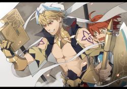 Rule 34 | 1boy, 1girl, @ @, abs, ahoge, arabian clothes, arm tattoo, arm up, armor, bad id, bad pixiv id, blonde hair, book, commentary, cropped vest, earrings, fate/grand order, fate (series), faulds, fujimaru ritsuka (female), gauntlets, gilgamesh, gilgamesh (caster) (fate), gilgamesh (fate), gold armor, gorget, grin, hair between eyes, hand on another&#039;s arm, holding, holding book, holding weapon, jewelry, kiragera, letterboxed, looking away, looking down, pectorals, popped collar, red eyes, red hair, scared, scrunchie, short hair, side ponytail, single gauntlet, smile, smoke, standing, sweatdrop, tattoo, teardrop, toned, toned male, tsurime, turban, upper body, vest, wavy mouth, weapon, white headwear, yellow eyes