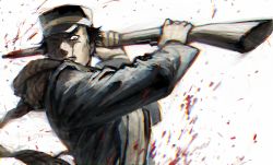 Rule 34 | 1boy, absurdres, black coat, black hair, black hat, blood, blood splatter, coat, golden kamuy, grey eyes, gun, hat, highres, holding, holding gun, holding weapon, incoming attack, long sleeves, looking at viewer, male focus, military, military uniform, peaked cap, rifle, short hair, solo, sugimoto saichi, tentsuu (tentwo), uniform, upper body, very short hair, weapon, wide-eyed