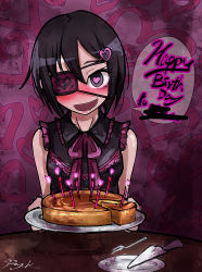 Rule 34 | 1girl, :d, artist name, bare arms, bare shoulders, black eyes, black hair, black shirt, blush, english text, eyepatch, food, fork, frilled shirt collar, frills, fukasugi aiko, hair between eyes, hair ornament, hairclip, happy, happy birthday, heart, heart-shaped pupils, heart background, heart eyepatch, heart hair ornament, looking at viewer, lovestruck, nose blush, open mouth, original, pie, plate, ray-k, shirt, short hair, signature, sleeveless, sleeveless shirt, smile, solo, symbol-shaped pupils