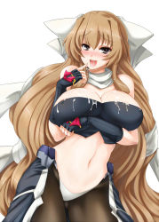 Rule 34 | 1girl, aoi kimi, areola slip, bare shoulders, black eyes, black pantyhose, blush, breast hold, breasts, brown hair, cleavage, covered erect nipples, cum, cum in mouth, cum on clothes, fingerless gloves, gloves, hair ribbon, huge breasts, kyoukaisenjou no horizon, long hair, midriff, naughty face, navel, nekoi hikaru, open mouth, pantyhose, ribbon, solo