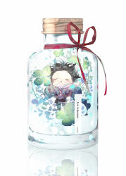 Rule 34 | 1boy, belt, bottle, brown jacket, brown sash, character name, chibi, cloak, closed eyes, clover, eyokiki, four-leaf clover, in bottle, in container, jacket, levi (shingeki no kyojin), long sleeves, open clothes, open jacket, open mouth, pants, red ribbon, ribbon, shingeki no kyojin, short hair, submerged, underwater, water, white background, white pants