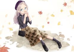 Rule 34 | 1girl, :d, absurdres, autumn leaves, bag, beret, black footwear, black shirt, blue eyes, breasts, brown skirt, commentary request, forehead, full body, ginkgo leaf, grey hair, grey socks, hands up, hat, highres, leaf, long hair, long sleeves, looking at viewer, maple leaf, medium breasts, mishima ryo, open mouth, original, parted bangs, plaid, plaid skirt, purple hat, shirt, shoes, shoulder bag, skirt, smile, socks, solo, steepled fingers, very long hair, white background