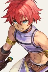 Rule 34 | 1boy, belt, blue eyes, gloves, hungry clicker, looking at viewer, male focus, midriff, namco, open mouth, red hair, reid hershel, simple background, solo, sword, tales of (series), tales of eternia, weapon