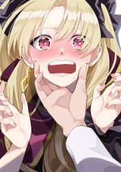 Rule 34 | 1boy, 1girl, absurdres, black ribbon, black sleeves, blonde hair, blush, cape, check commentary, commentary, commentary request, earrings, ereshkigal (fate), fate/grand order, fate (series), fujimaru ritsuka (male), fuku dan, hair ribbon, hand on another&#039;s chin, hetero, highres, holding, jewelry, long hair, looking at viewer, nose blush, open hands, open mouth, parted bangs, pink nails, pov, red eyes, ribbon, simple background, sweatdrop, teeth, upper teeth only, very long hair, white background, white sleeves