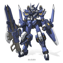 Rule 34 | bellzelute, blue eyes, clenched hand, commentary, english commentary, fusion, gun, highres, holding, holding gun, holding weapon, huckebein, kadej, mecha, no humans, robot, science fiction, solo, standing, super robot wars, super robot wars original generation, weapon