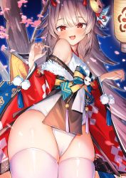 Rule 34 | 1girl, absurdres, azur lane, blush, cameltoe, fang, hair ornament, hibiki (azur lane), highres, horns, huge filesize, japanese clothes, looking at viewer, oni, oni horns, open mouth, red eyes, silver hair, skindentation, smile, solo, tagme, thighhighs, wakamore (getguacamole), white thighhighs, wide hips