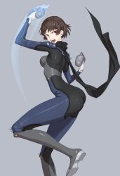 Rule 34 | 1girl, angry, ass, bob cut, bodysuit, brass knuckles, breasts, brown hair, gloves, highres, looking back, niijima makoto, open mouth, ozkh, persona, persona 5, red eyes, scarf, short hair, sideboob, simple background, solo, weapon, white gloves